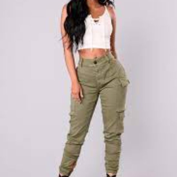Fashion Nova Pants - Fashion Nova Olive Green Cargo Ankle Pants
